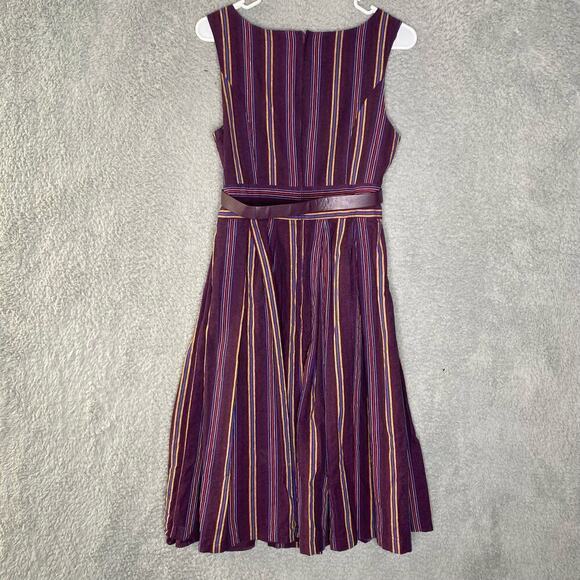 Modcloth womens Aline purple striped knee length dress belted round neck M - Picture 5 of 10